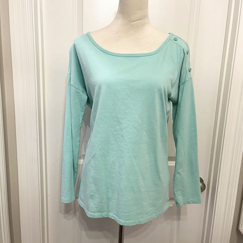 Talbots 100% Cotton Long Sleeve Aqua Blue T-shirt Button Shoulder Detail SZ M